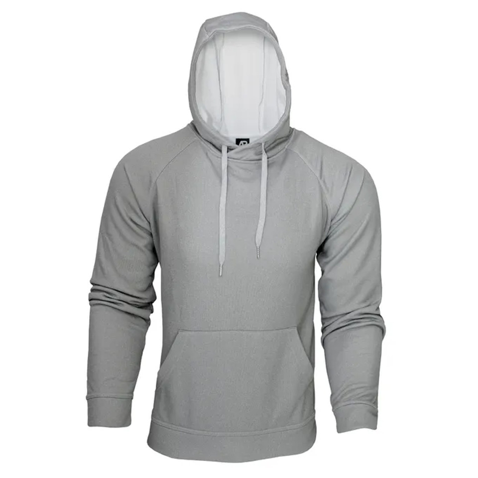 Grey pullover hoodie with white contrast hood lining and white drawcords, kangaroo pocket