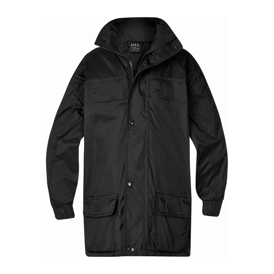 Black mid-length all-weather jacket with hood, snap-button front, chest pockets and cargo lower pockets