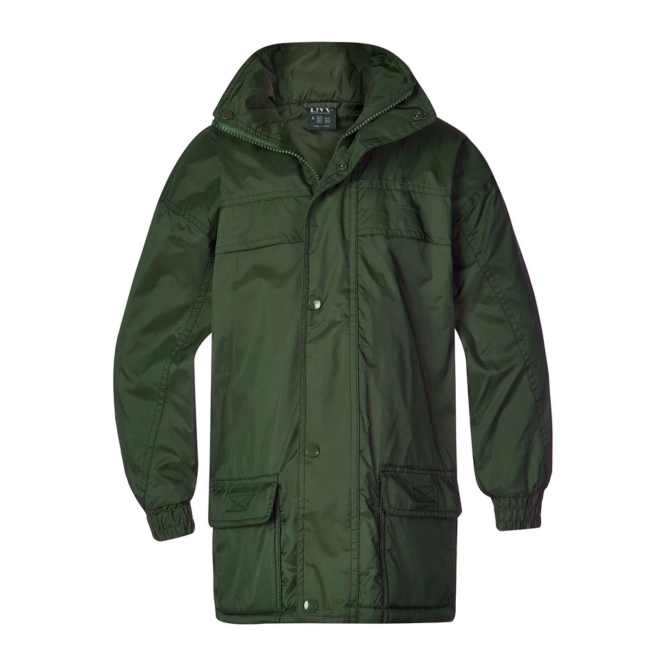 Forest green long-line hooded jacket with snap-button placket, cargo pockets and ribbed cuffs — flat lay packshot