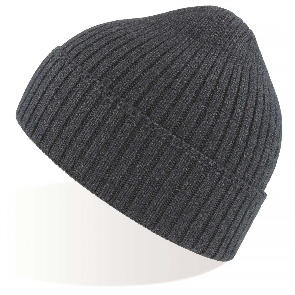 Charcoal grey ribbed knit beanie with deep fold-up cuff