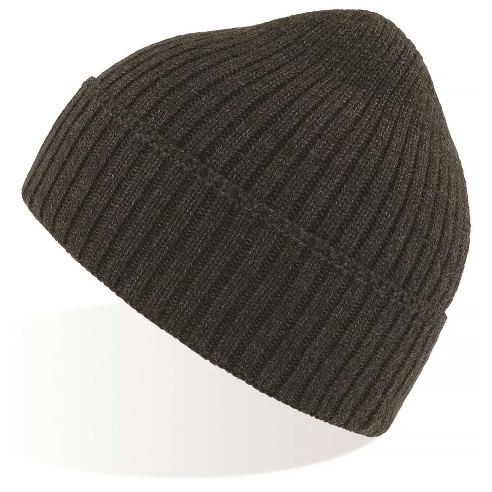 Charcoal grey ribbed knit beanie with wide fold-up cuff and textured vertical ribbing throughout