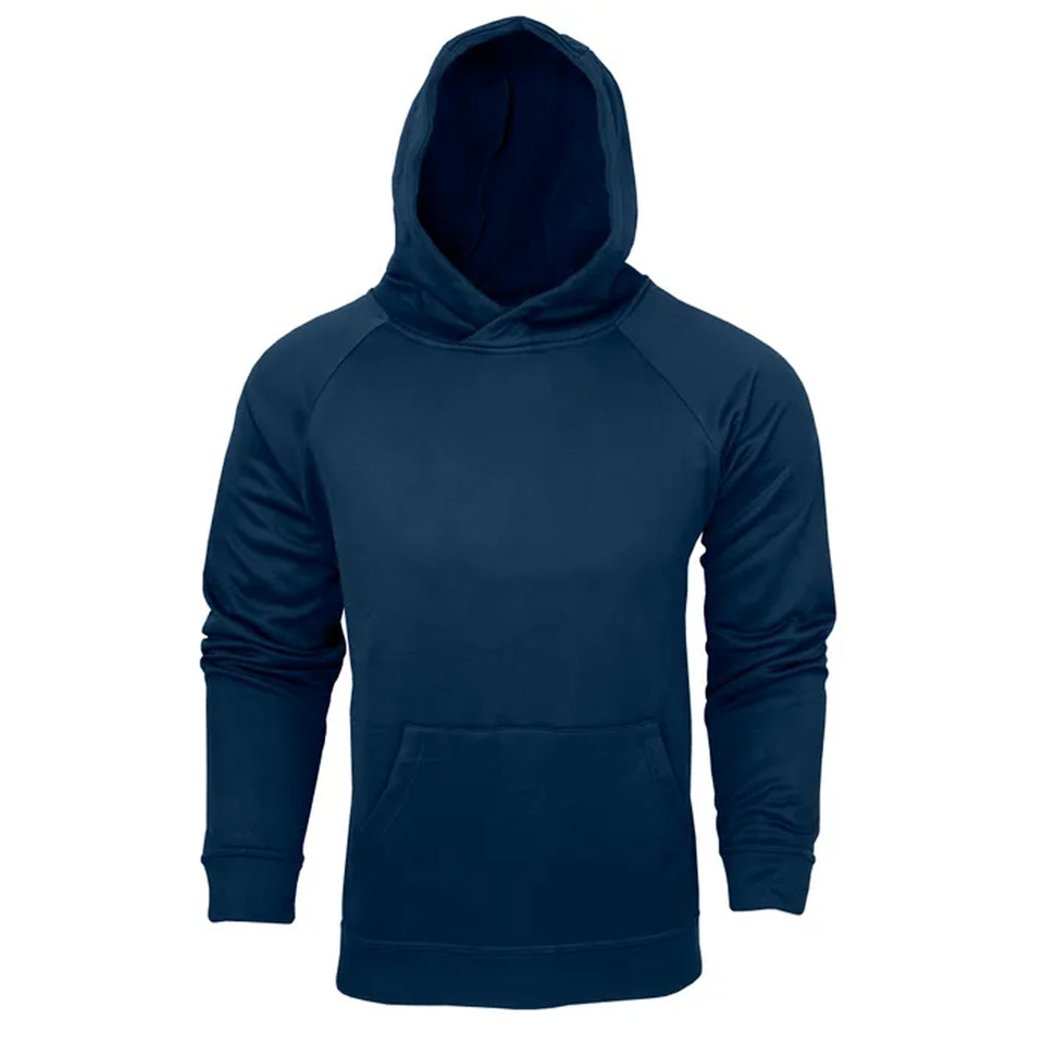 Navy blue kids pullover hoodie with kangaroo pocket and raglan sleeves in polyester fleece