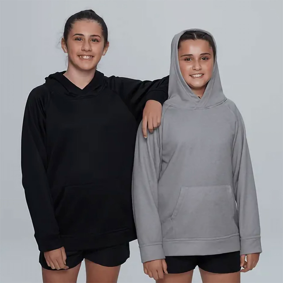 Two models wearing polyester fleece hoodies with kangaroo pockets, one in black and one in grey