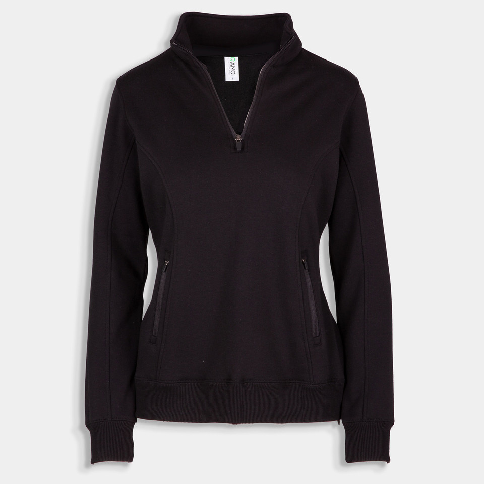 Black ladies half-zip fleece pullover with stand collar and side pockets