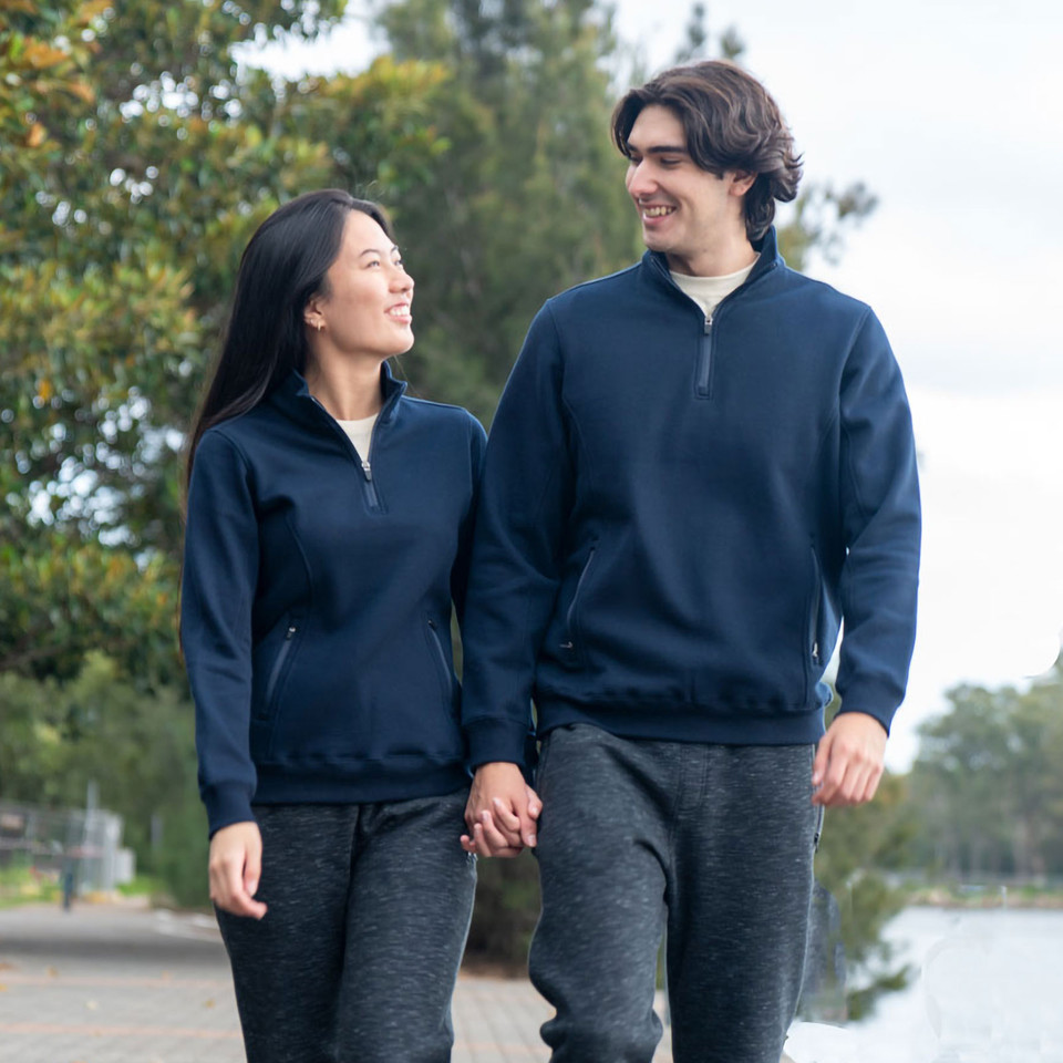 Navy half-zip fleece pullover with white internal placket and side pocket detail