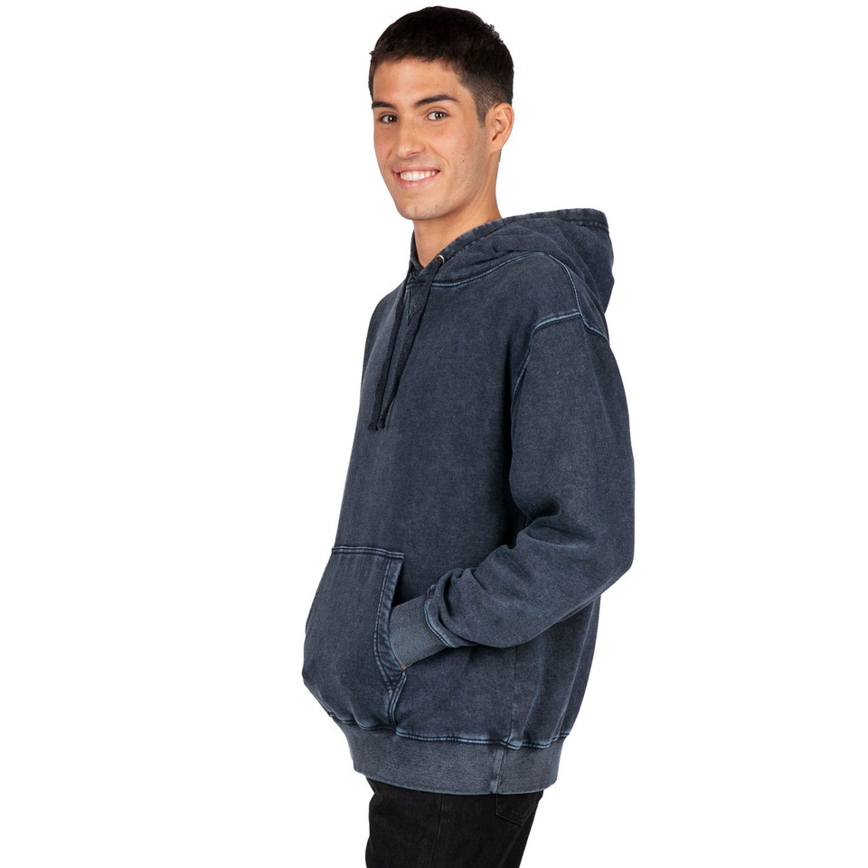 ZEKE Men's Stone Wash Fleece Hoodie, a comfortable, heavyweight pullover with a vintage washed finish and warm fleece lining, suitable for casual streetwear.