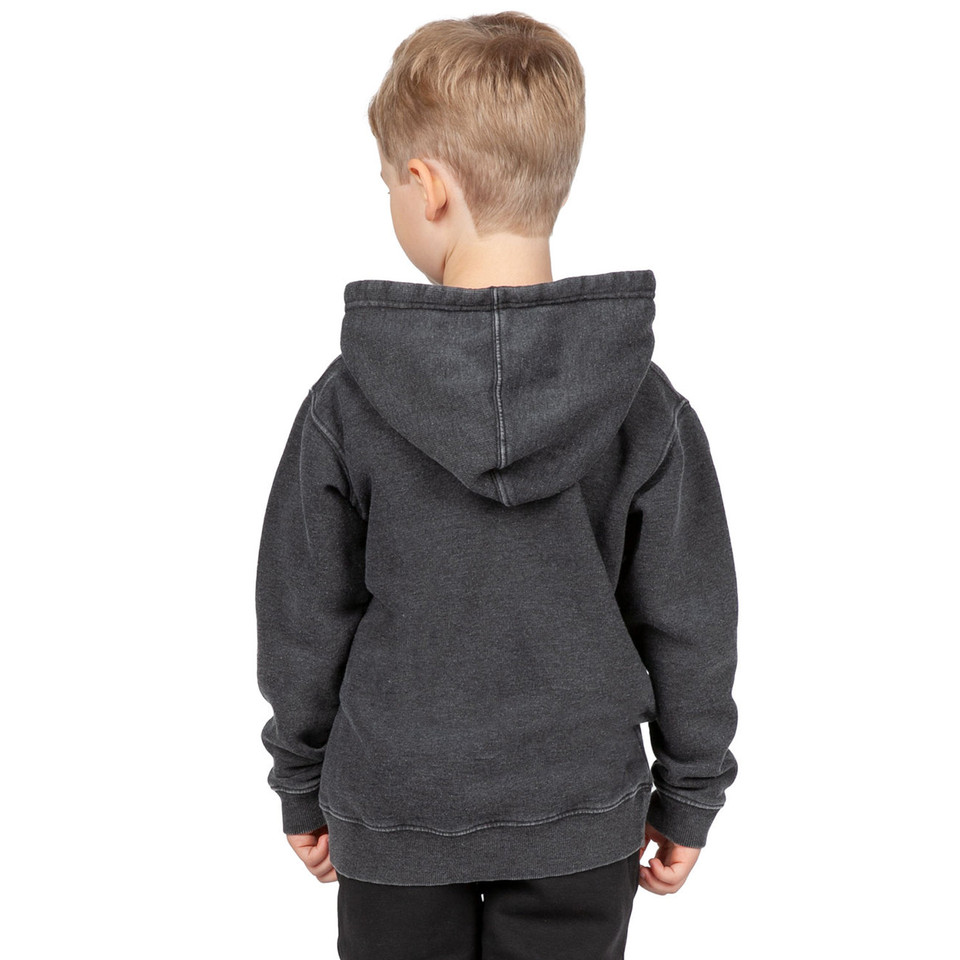 Back view of child wearing charcoal stonewashed fleece hoodie with hood up and ribbed cuffs