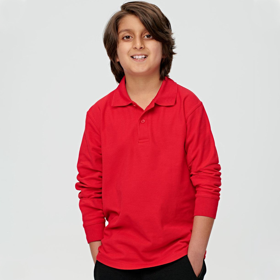 Child wearing a red long sleeve pique polo shirt with ribbed collar and two-button placket