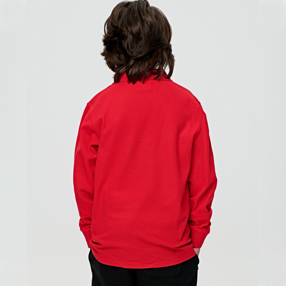 Bright red long sleeve polo shirt shown from back with ribbed collar visible