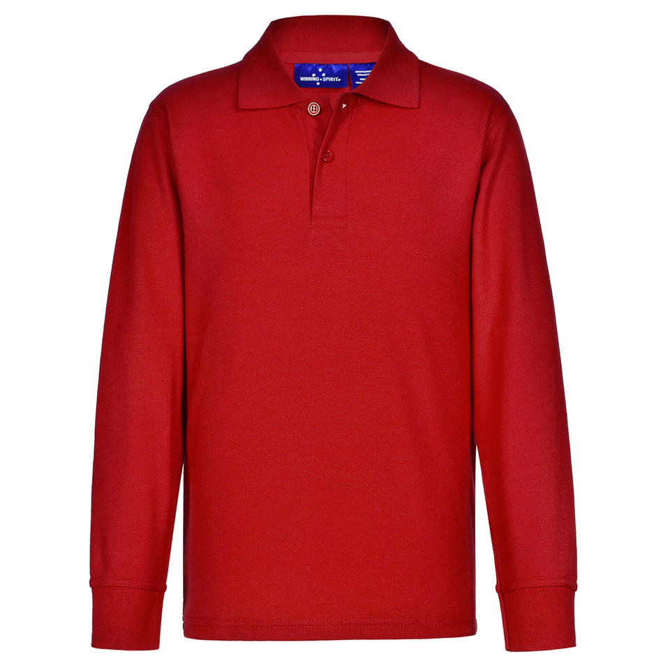 Kids red long sleeve pique polo shirt with three-button placket and ribbed cuffs, flat lay packshot
