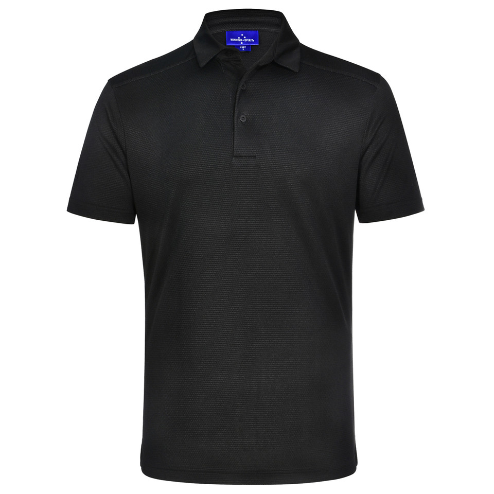 Black bamboo short sleeve polo with textured knit fabric and classic collar with button placket