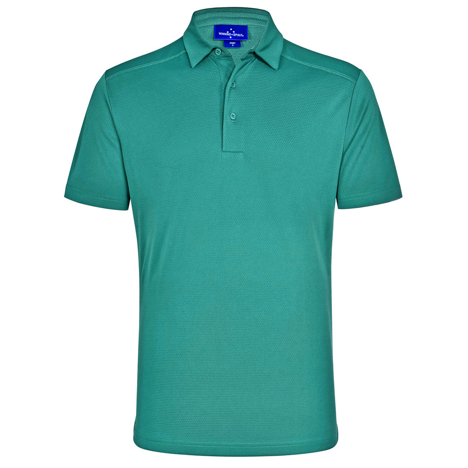 Teal bamboo polo shirt with matching collar and three-button placket
