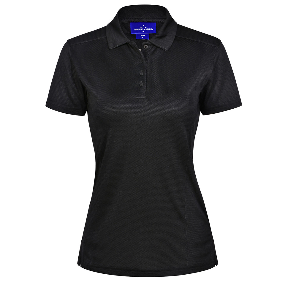 Black ladies bamboo polo shirt with collar and button placket in textured fabric