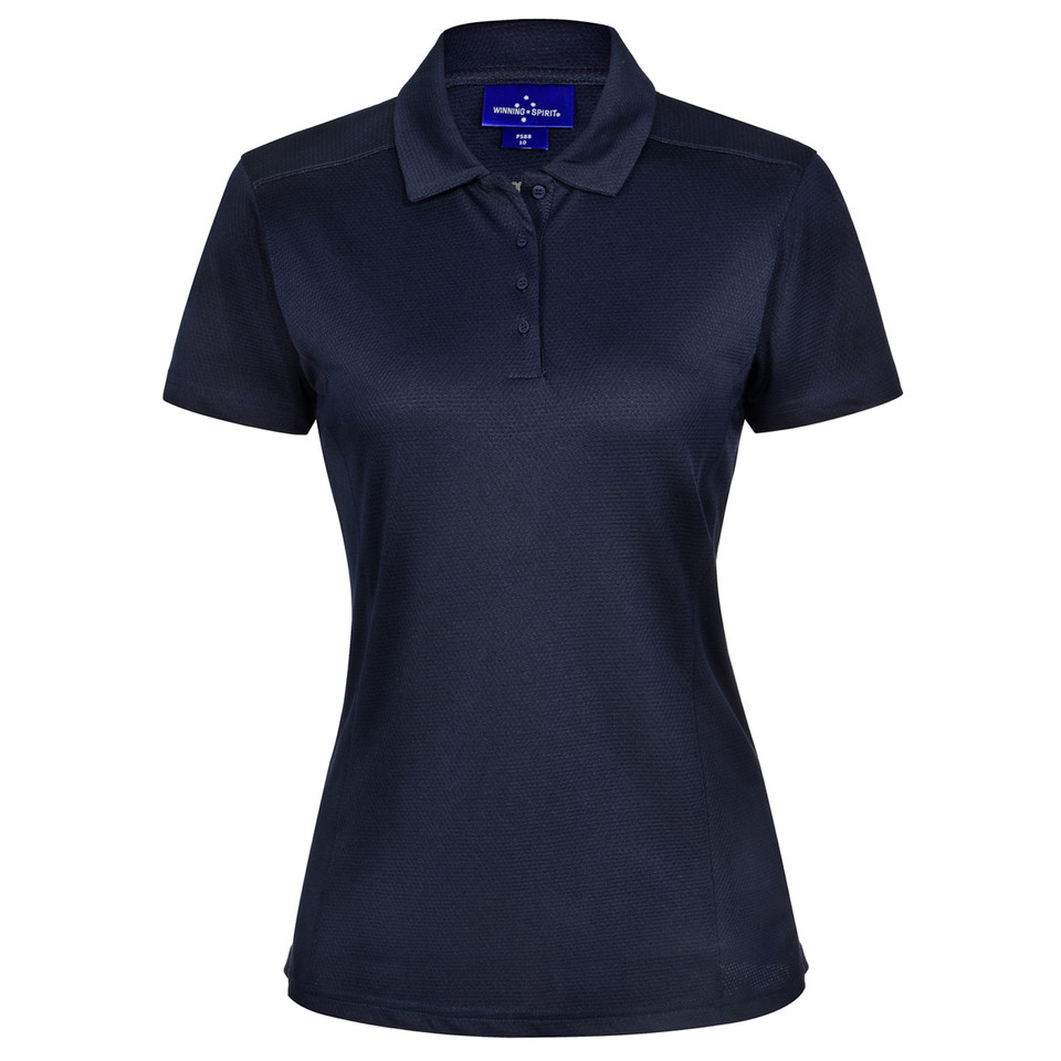 Women's navy bamboo polo shirt with short sleeves and button placket