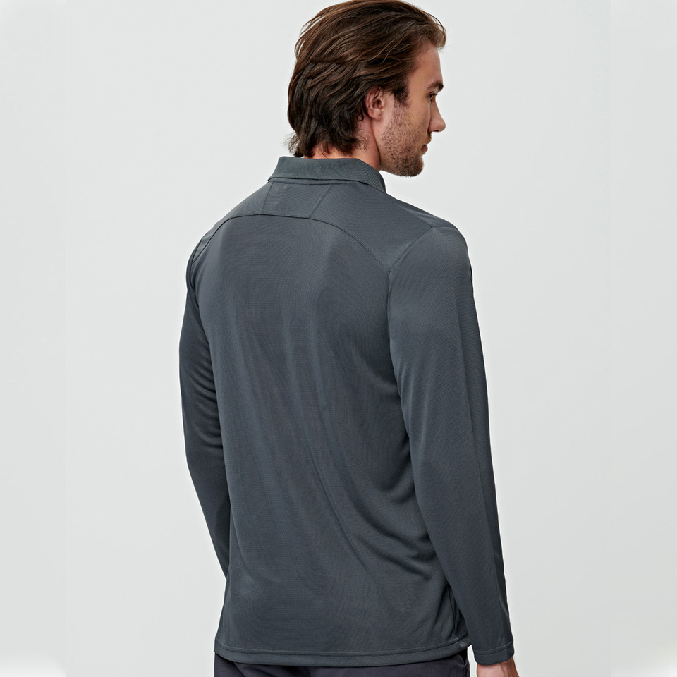 Charcoal grey long sleeve polo shirt shown from back with ribbed side panels and collar detail