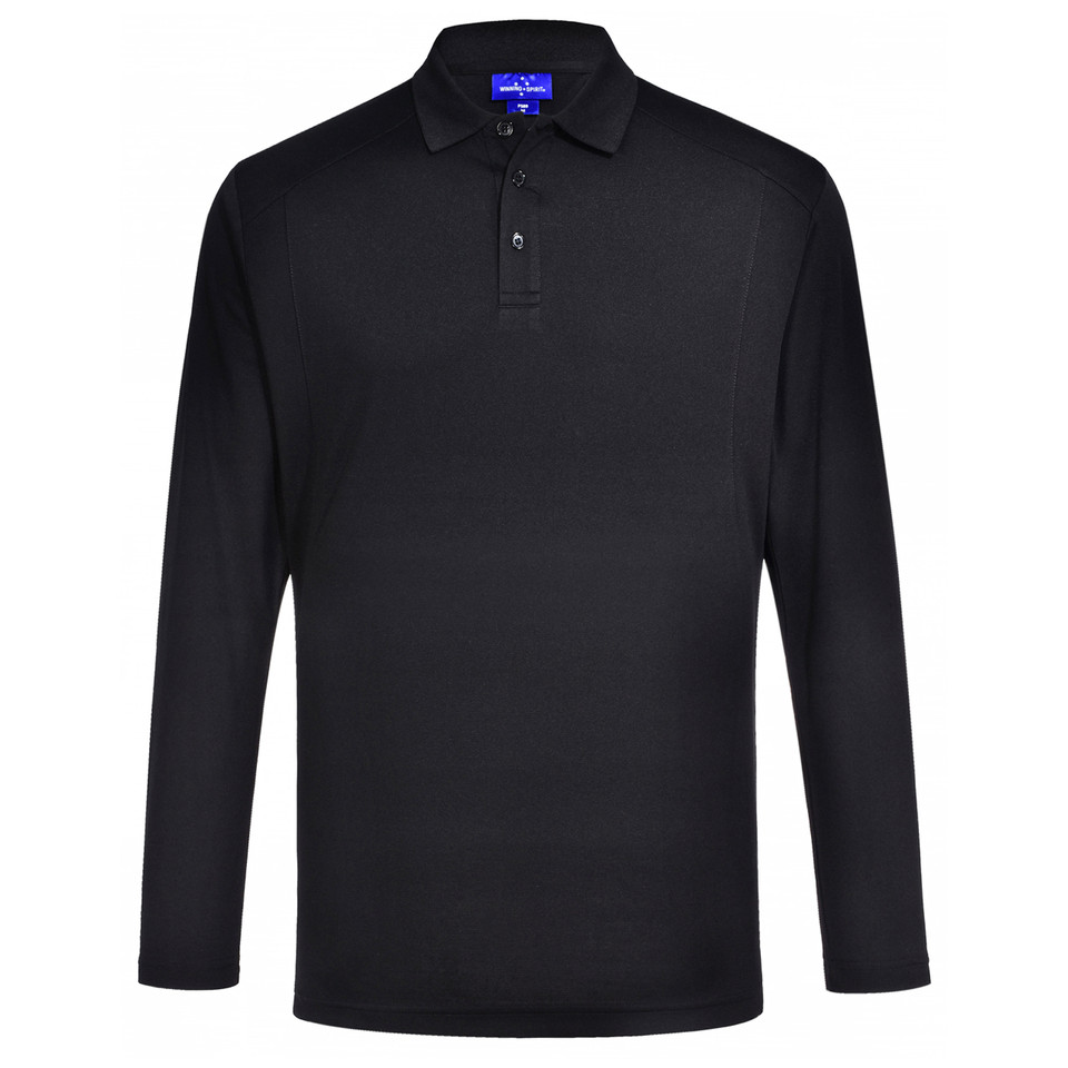 Black Plain Blaine men's long sleeve polo shirt, made from eco-friendly bamboo charcoal fabric, featuring silky soft texture, breathability, and moisture-wicking properties.