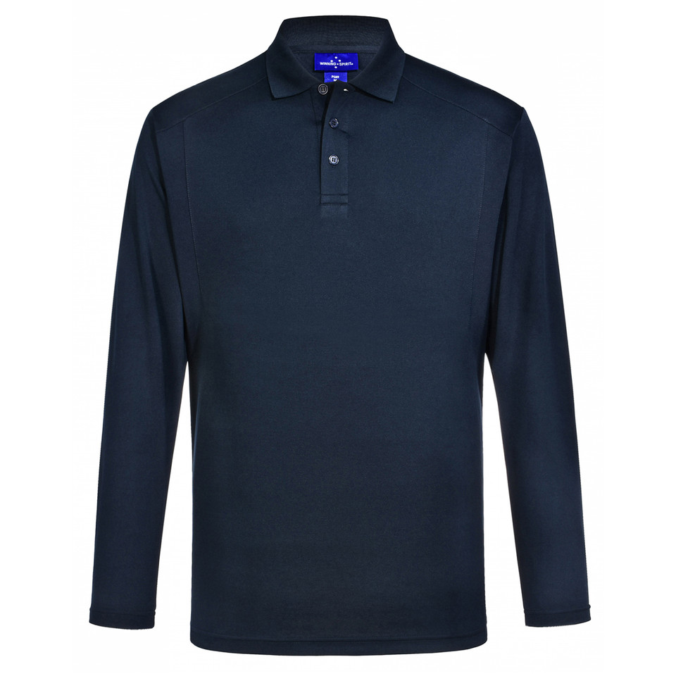 Navy Plain Blaine men's long sleeve polo shirt, made from eco-friendly bamboo charcoal fabric, featuring silky soft texture, breathability, and moisture-wicking properties.