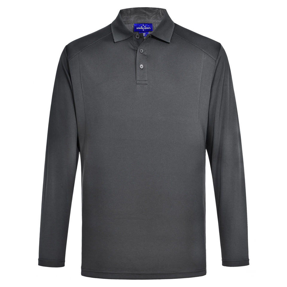 Storm Grey Plain Blaine men's long sleeve polo shirt, made from eco-friendly bamboo charcoal fabric, featuring silky soft texture, breathability, and moisture-wicking properties.