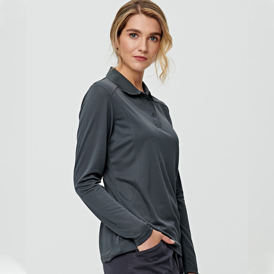 Charcoal grey long sleeve polo shirt with collar and button placket, shown on female model