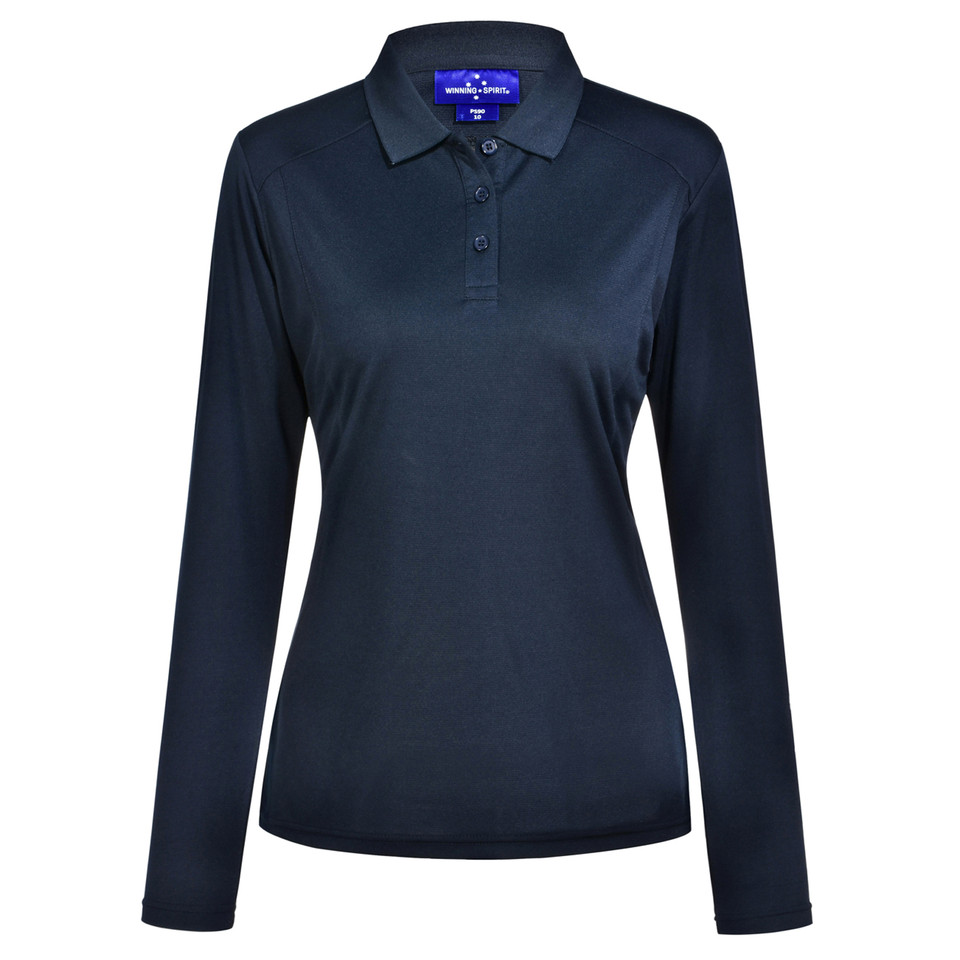Navy long sleeve women's polo shirt with collar and three-button placket in smooth bamboo fabric