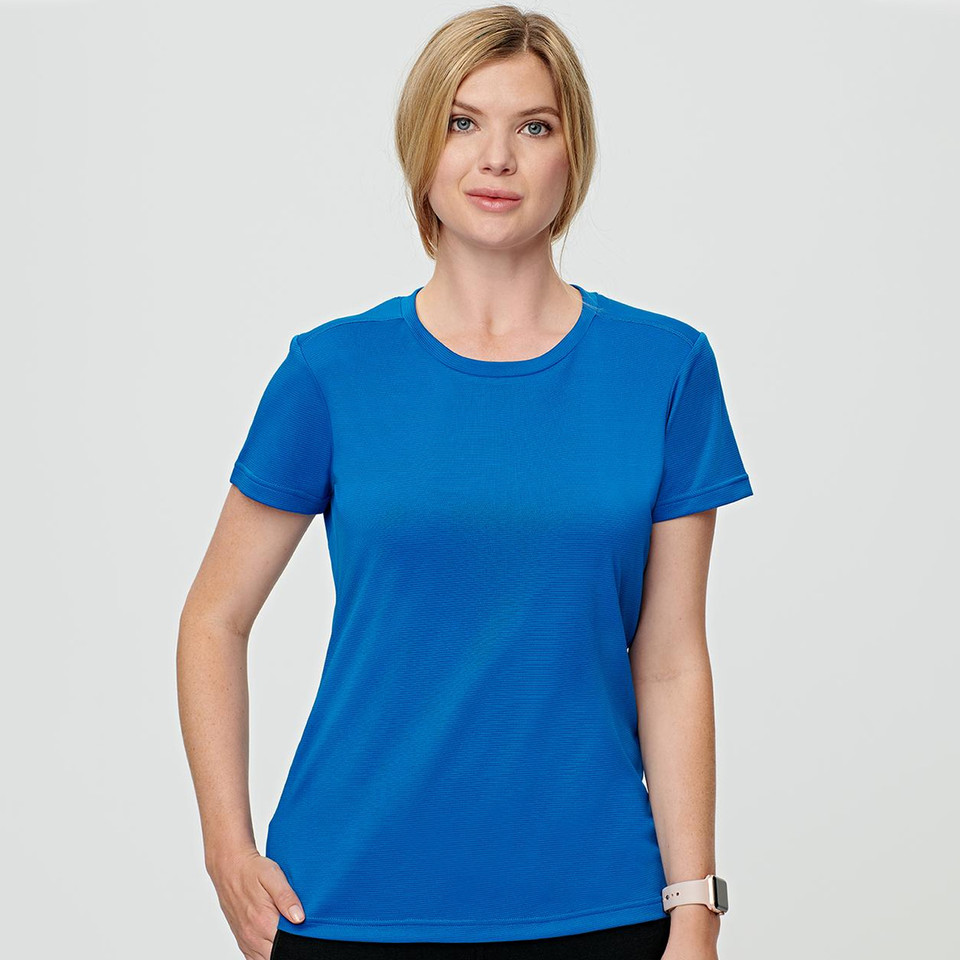 Royal blue women's short sleeve crew neck t-shirt with smooth flat surface ideal for decoration