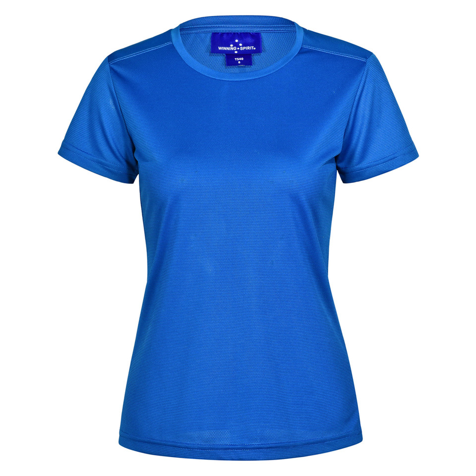 Royal blue ladies performance tee with crew neck and short sleeves featuring smooth moisture-wicking fabric