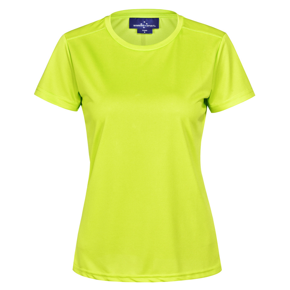 Women's safety yellow crew neck performance tee with smooth flat front panel and subtle shoulder seam detail