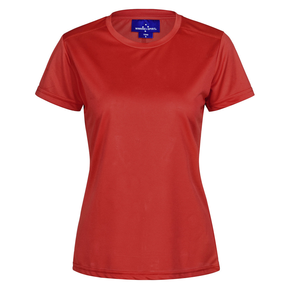 Women's red crew neck performance tee with smooth lightweight fabric and fitted silhouette