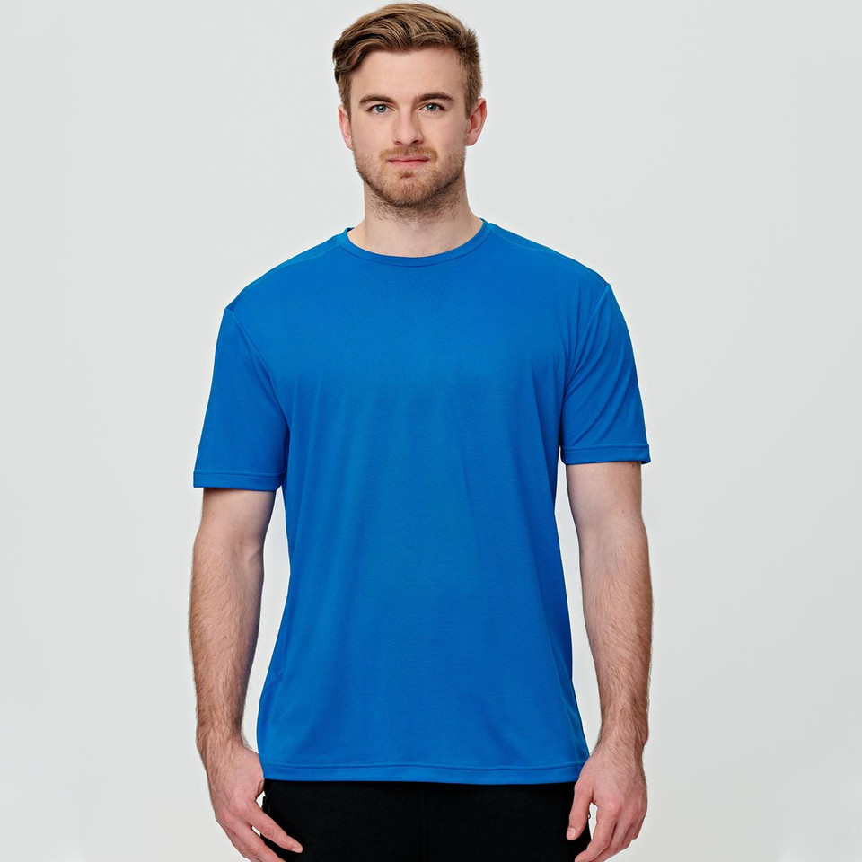 Royal blue short sleeve crew neck tee with smooth technical fabric finish