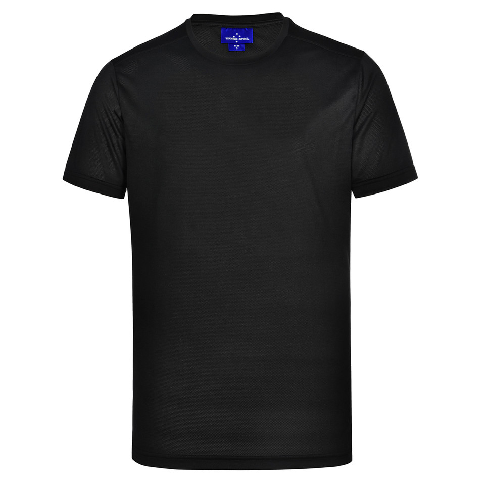 Black crew neck t-shirt with smooth flat front panel and short sleeves ideal for decoration