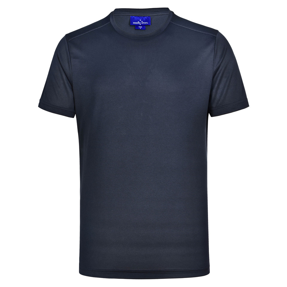 Navy crew neck t-shirt with smooth finish and short sleeves on white background