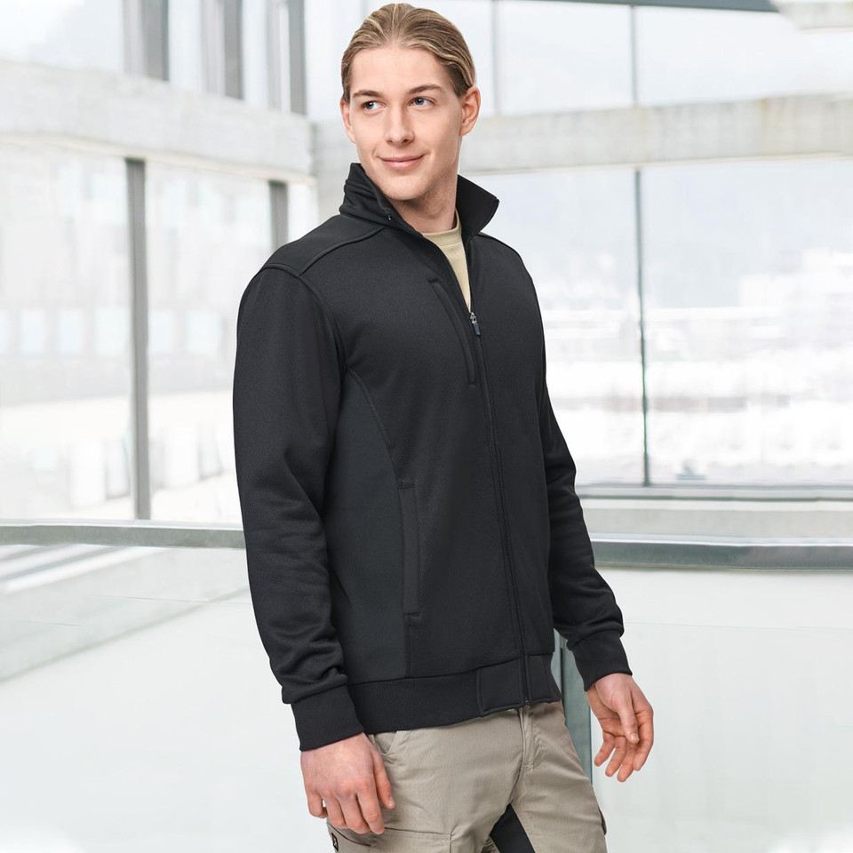 Black jacquard fleece bomber jacket with ribbed collar, cuffs and hem, featuring half zip closure