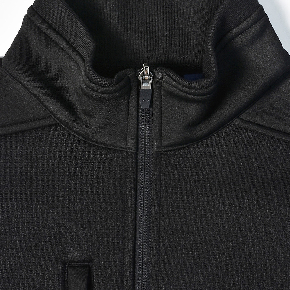Black fleece bomber jacket with full-length centre zip and ribbed collar detail