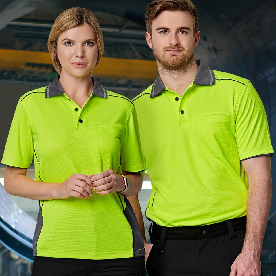 Hi-vis yellow polo shirts with charcoal grey contrast collar and piping detail, modelled in unisex fit