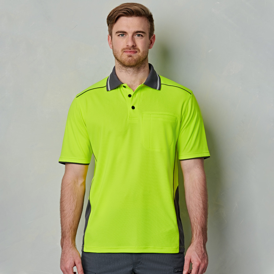 Hi-vis lime polo with charcoal contrast collar, side panels and chest pocket