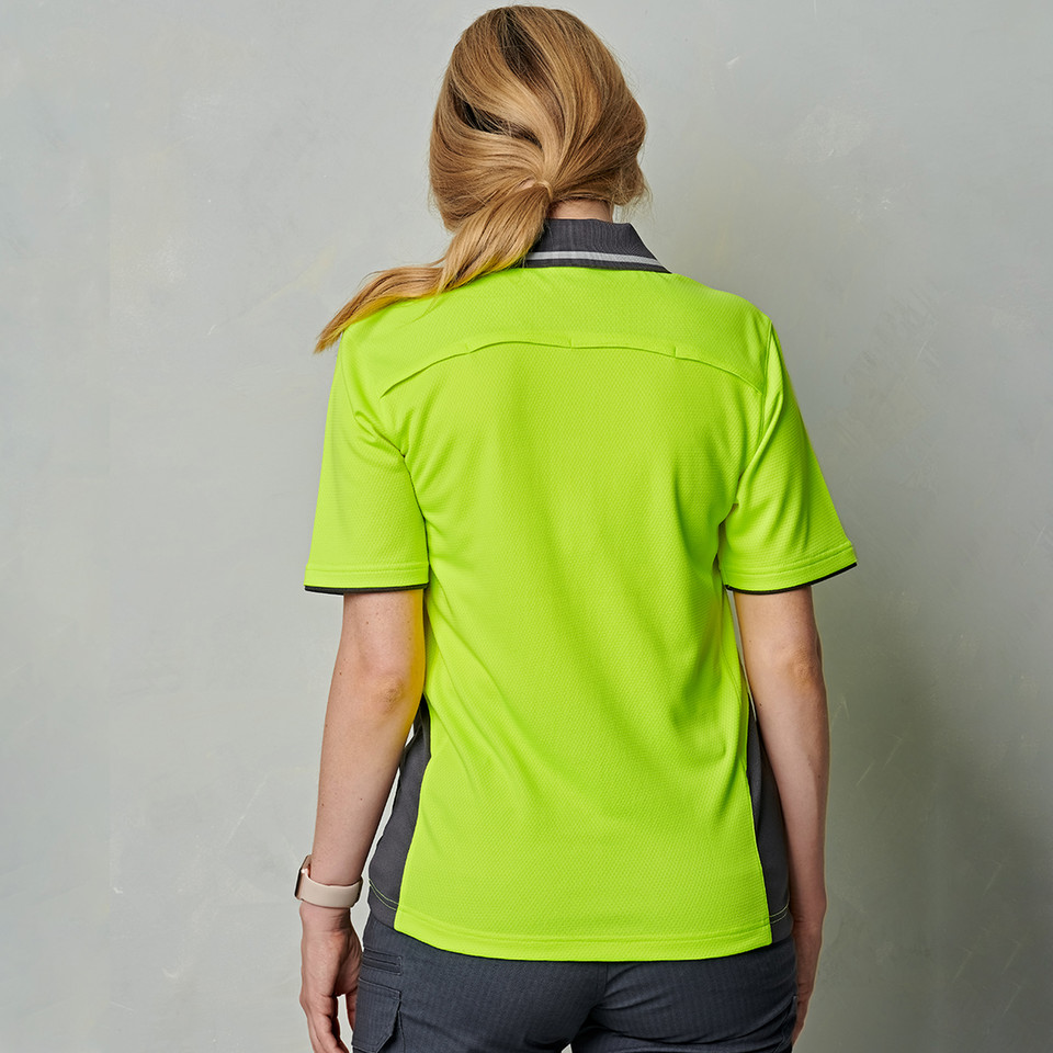 Hi-vis lime polo shirt with charcoal collar and side panels, back view showing contrasting trim details