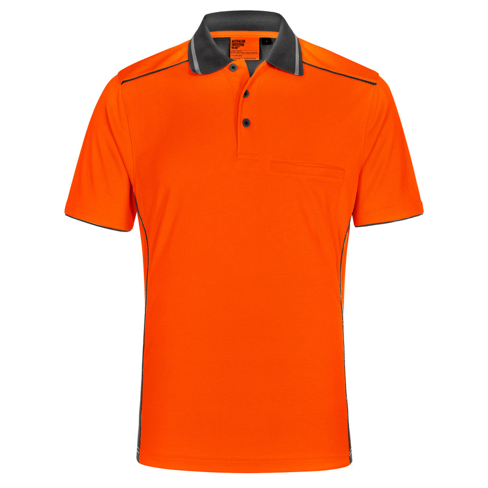 Hi-vis orange polo shirt with charcoal contrast collar and shoulder piping detail