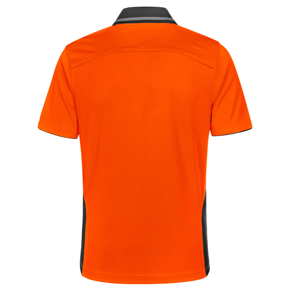 Hi-vis orange polo shirt with charcoal contrast collar and side panels, rear view showing back panel