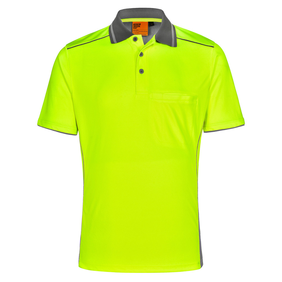 Hi-vis yellow bamboo polo shirt with contrast charcoal grey collar and piping detail