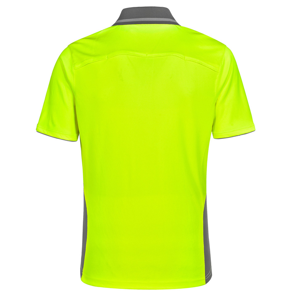 Hi-vis safety yellow polo shirt with charcoal grey collar and side panels, rear view showing smooth back panel