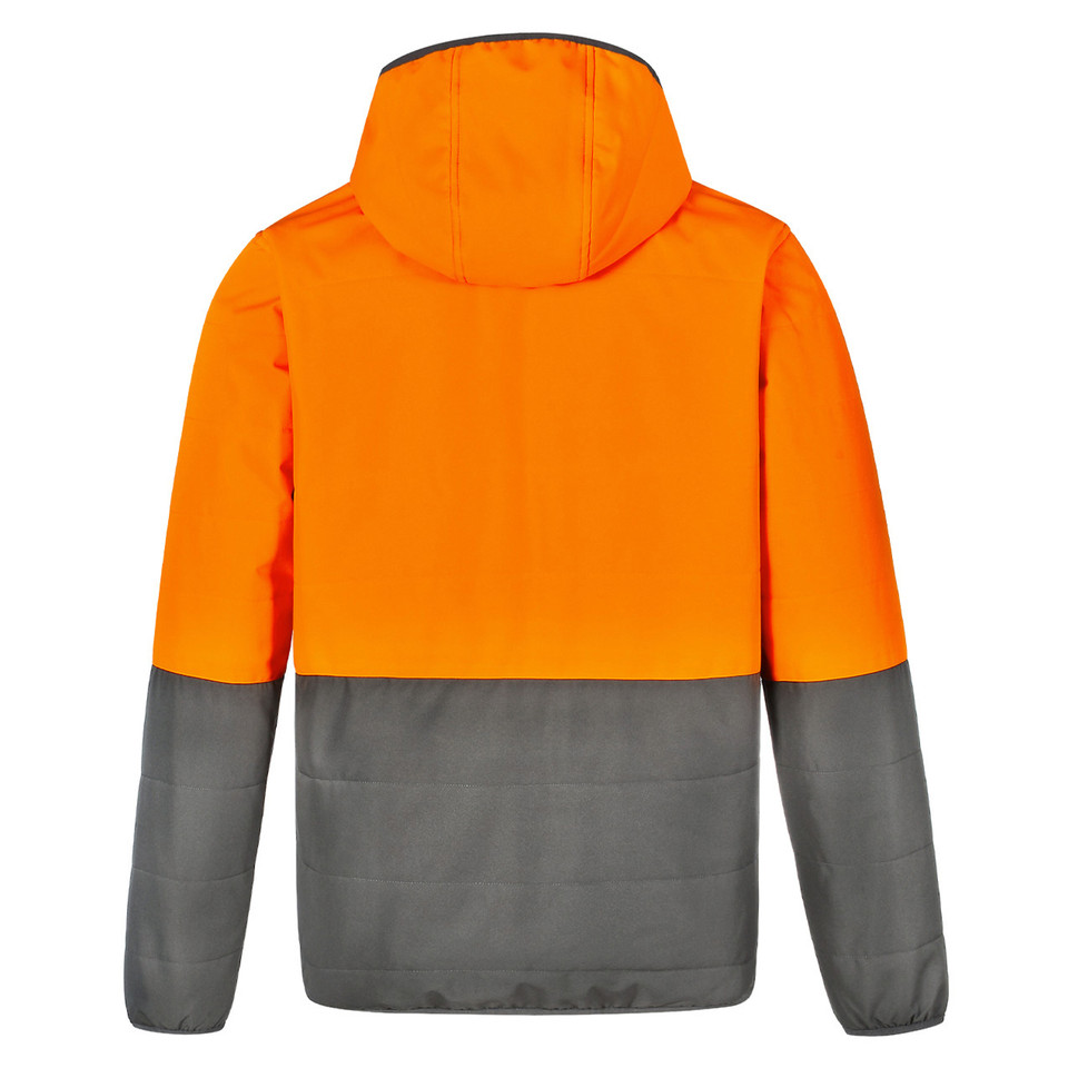 Orange+Ash THOMAS unisex high-visibility quilted two-tone puffer safety jacket, featuring polyester insulation and a hooded design for cold-weather construction and site safety.