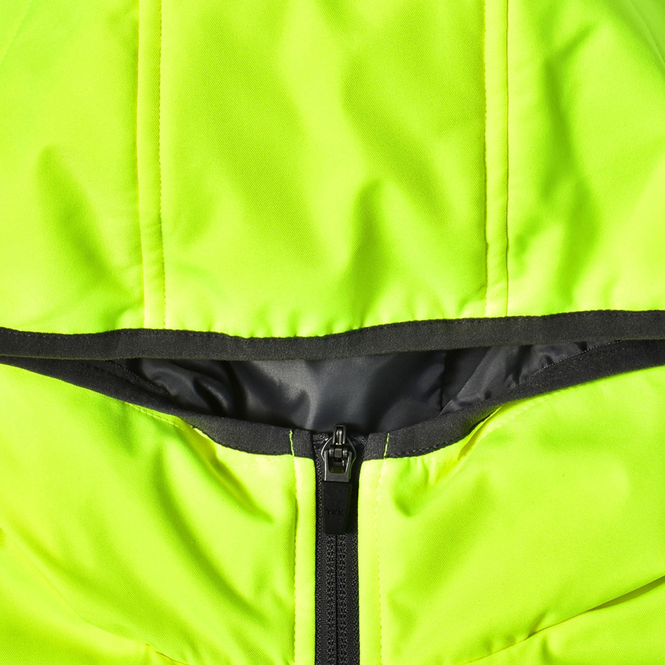 Yellow+Ash THOMAS unisex high-visibility quilted two-tone puffer safety jacket, featuring polyester insulation and a hooded design for cold-weather construction and site safety.