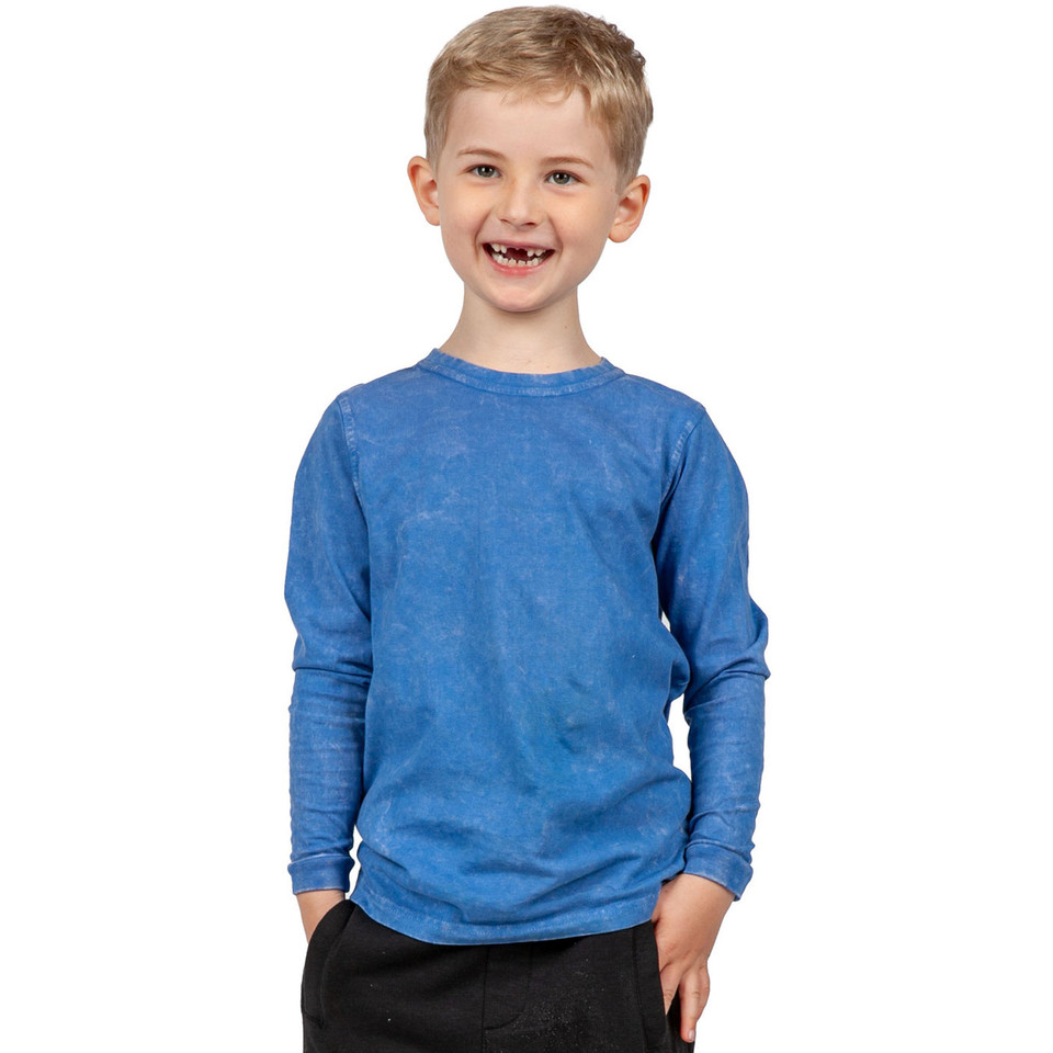 Royal blue stone washed long sleeve tee with crew neck and faded vintage finish