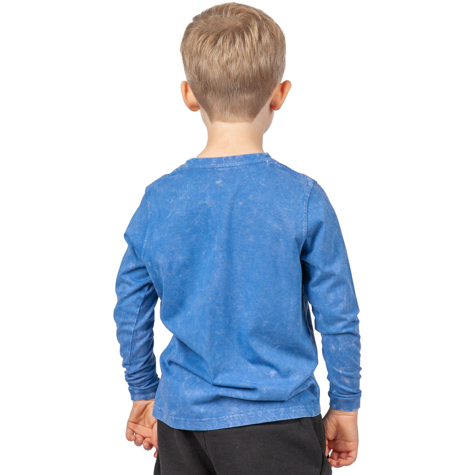 Back view of royal blue stonewashed cotton long sleeve tee with textured finish and ribbed crew neckline