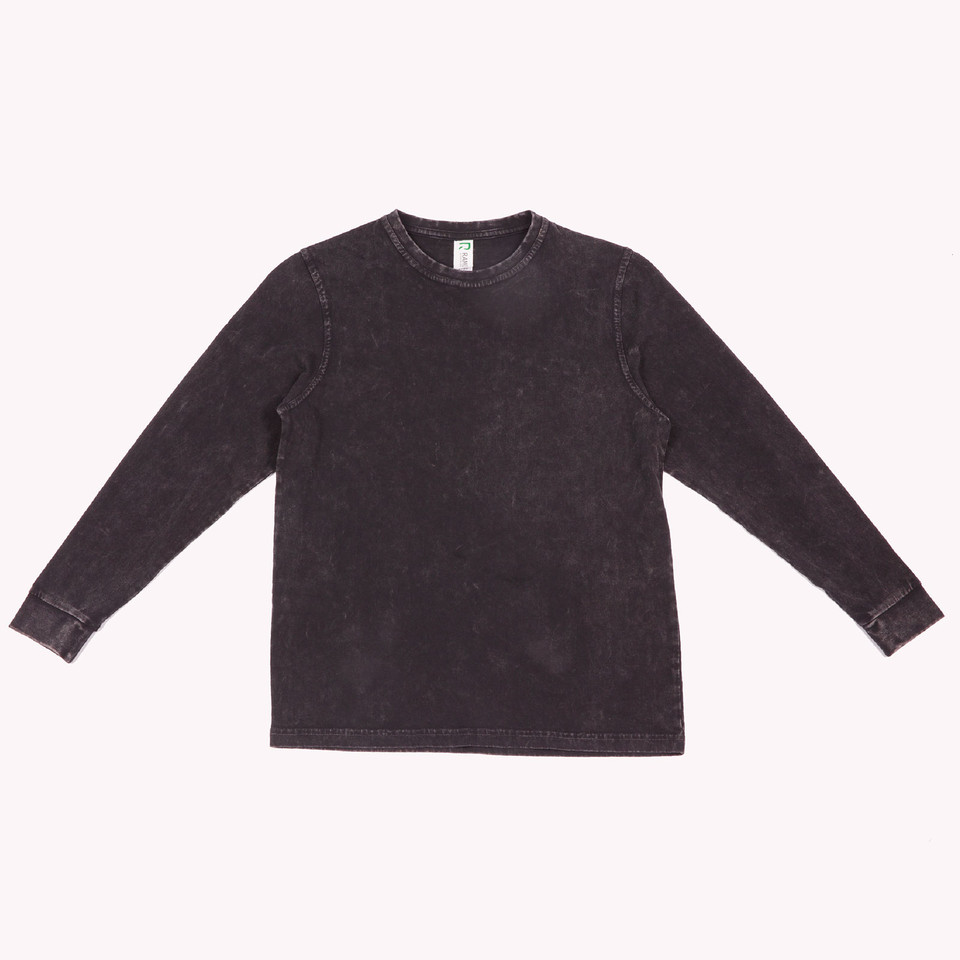 Charcoal stone washed long sleeve cotton tee with faded finish and crew neck
