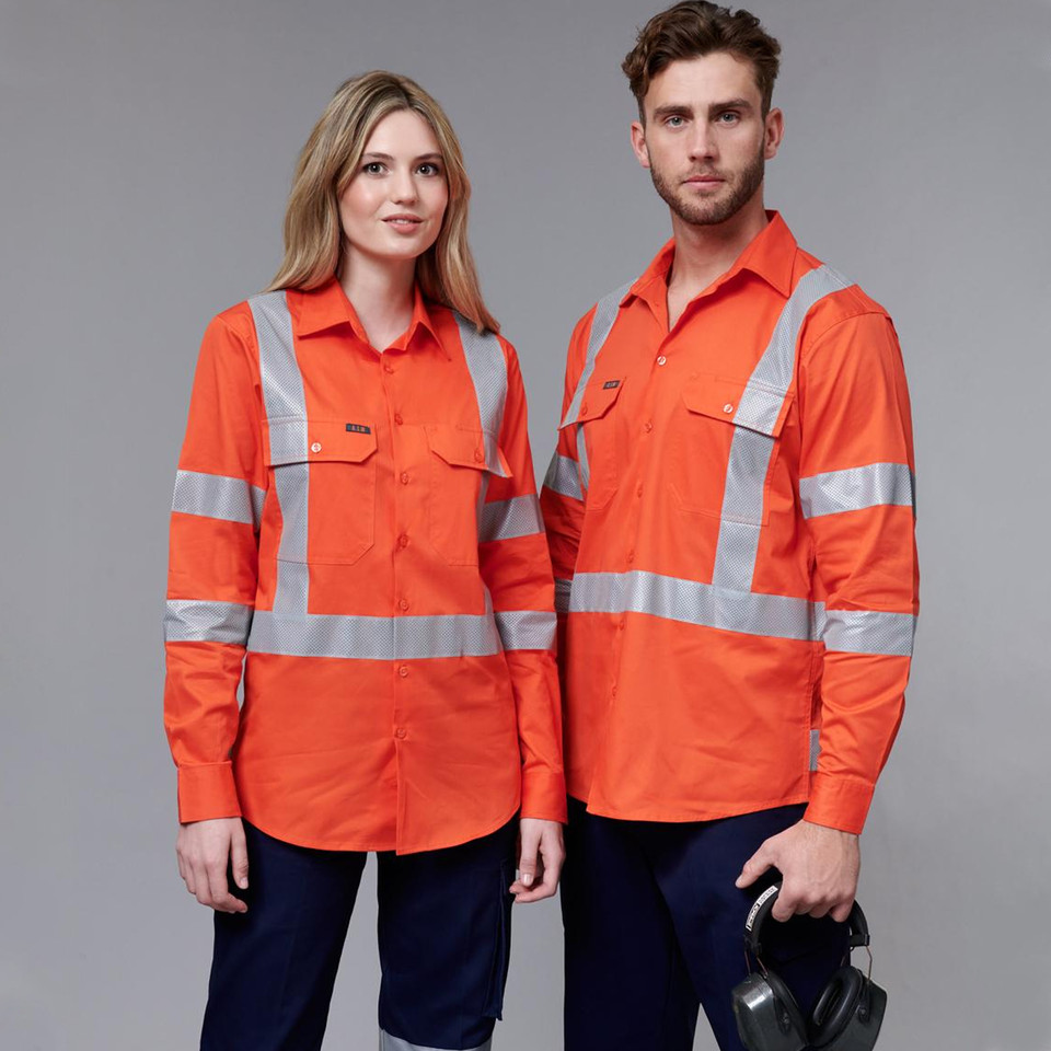 Orange hi-vis work shirts with silver reflective tape on chest, arms and waist, featuring chest pockets with flaps