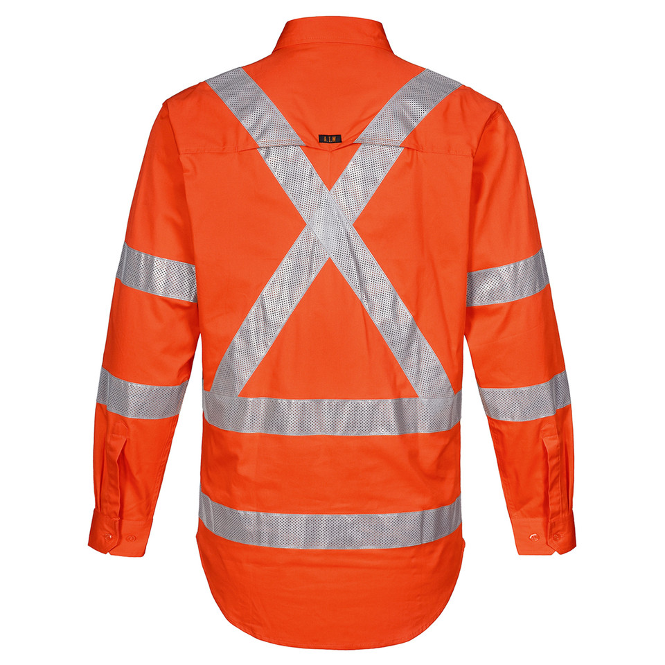 Back view of hi-vis orange long sleeve safety shirt with X-back and horizontal silver reflective tape