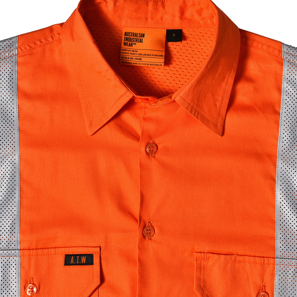 High visibility orange work shirt with collar, button front, chest pockets and reflective tape detail