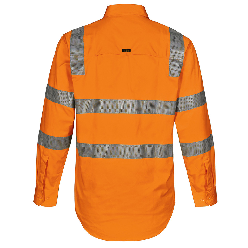 Hi-vis orange safety shirt with silver reflective tape on torso, sleeves and shoulders, back view