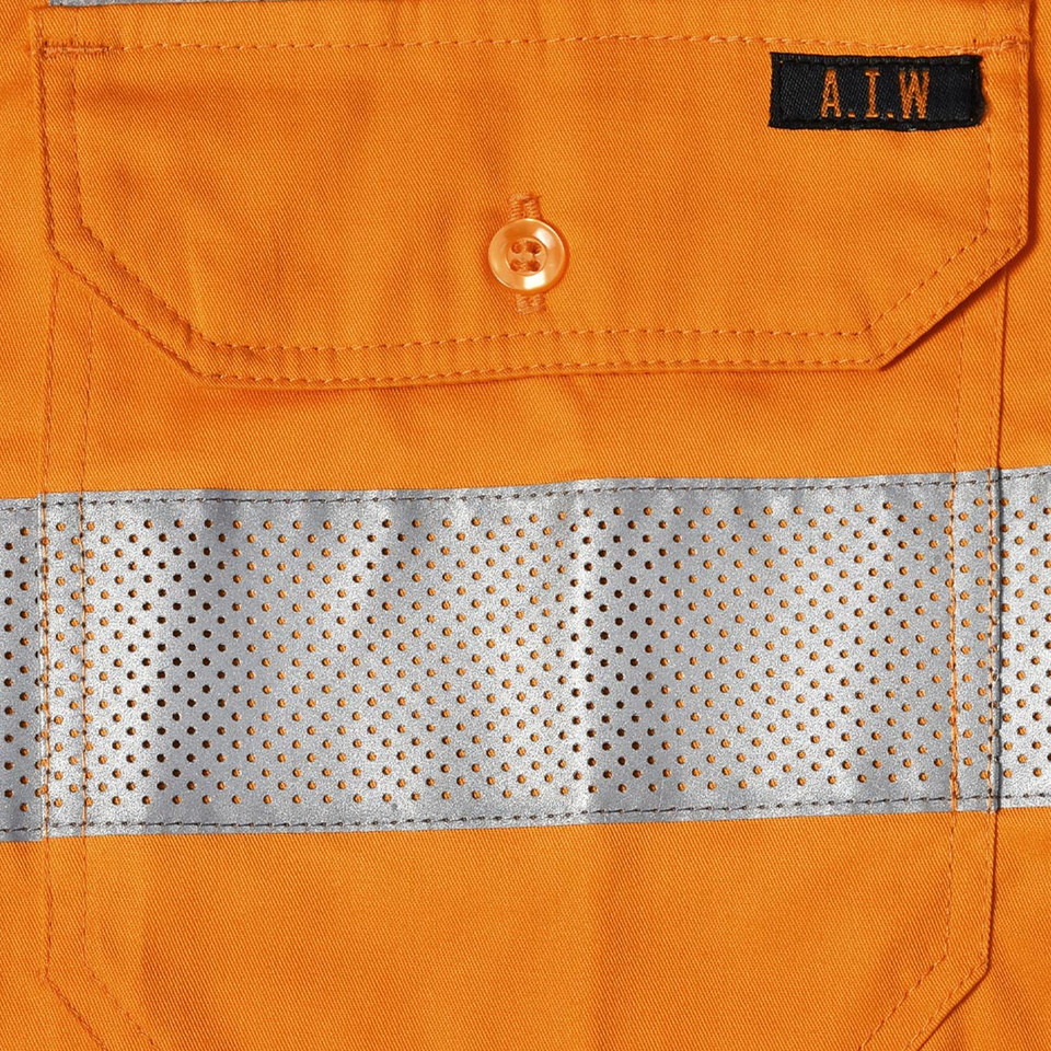 Orange high-visibility safety shirt with reflective silver ventilated mesh panel and buttoned chest pocket